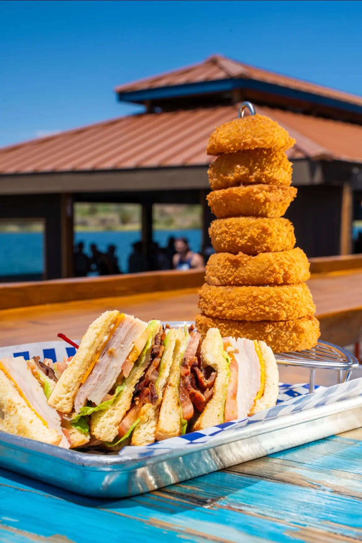 Roadrunner Resort Floating Dock Bar Burger Onion Rings